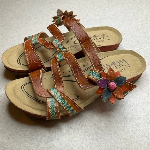 Spring Step L’Artiste Mabel Sandal 38 Camel Floral Pink Stone - Picture 2 of 11